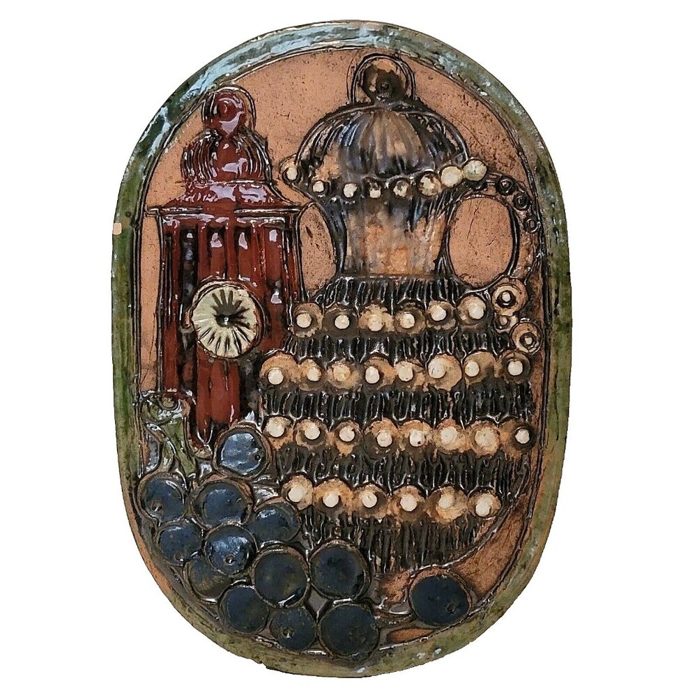 1970s Kitchen Pottery Plaque Ceramic Tile Wall Décor Hanging Art Bottle Grapes